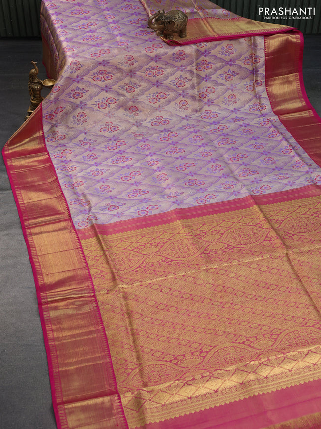 Pure kanchipuram tissue silk saree lavender and pink with allover thread & zari woven brocade weaves and long rich zari woven border