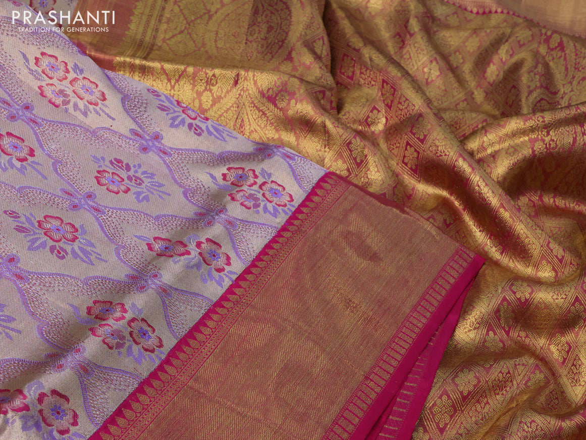 Pure kanchipuram tissue silk saree lavender and pink with allover thread & zari woven brocade weaves and long rich zari woven border