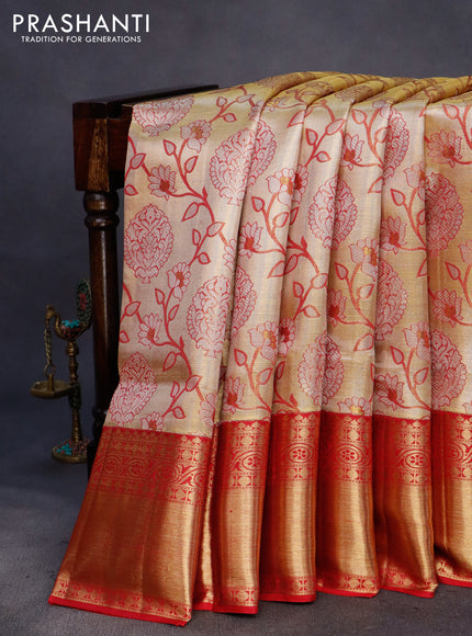 Pure kanchipuram tissue silk saree gold and pink with allover zari woven brocade weaves and long rich zari woven border