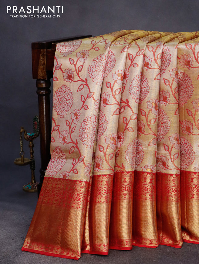 Pure kanchipuram tissue silk saree gold and pink with allover zari woven brocade weaves and long rich zari woven border