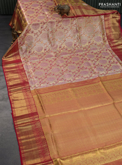 Pure kanchipuram tissue silk saree gold and pink with allover zari woven brocade weaves and long rich zari woven border