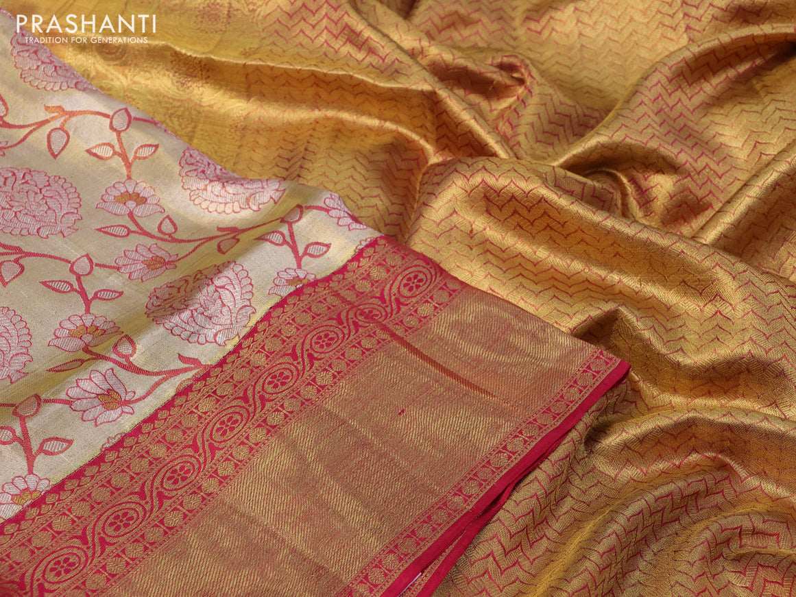 Pure kanchipuram tissue silk saree gold and pink with allover zari woven brocade weaves and long rich zari woven border