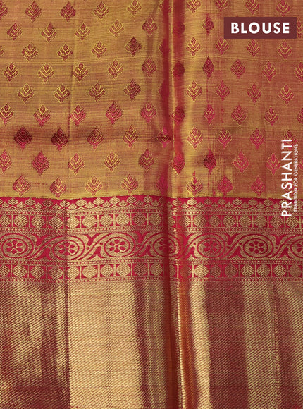 Pure kanchipuram tissue silk saree gold and pink with allover zari woven brocade weaves and long rich zari woven border