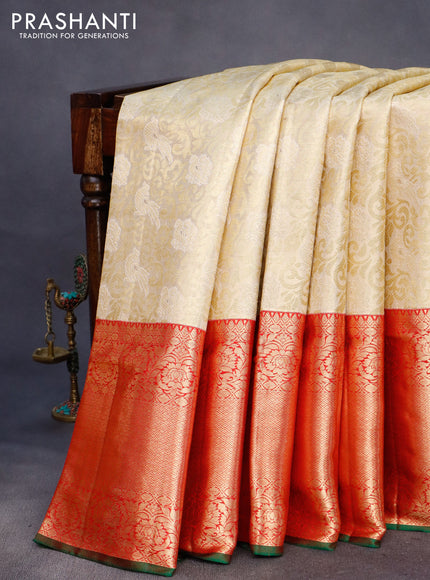 Pure kanchipuram tissue silk saree cream and red with allover zari woven brocade weaves and long rich zari woven border