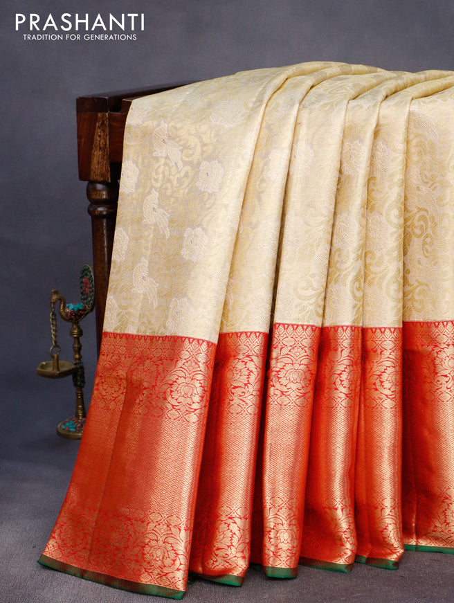 Pure kanchipuram tissue silk saree cream and red with allover zari woven brocade weaves and long rich zari woven border