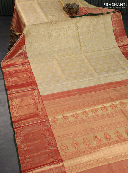 Pure kanchipuram tissue silk saree cream and red with allover zari woven brocade weaves and long rich zari woven border