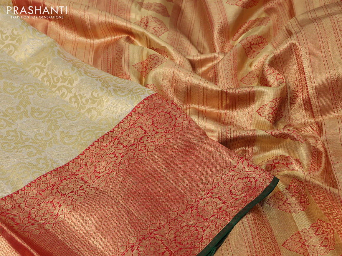 Pure kanchipuram tissue silk saree cream and red with allover zari woven brocade weaves and long rich zari woven border