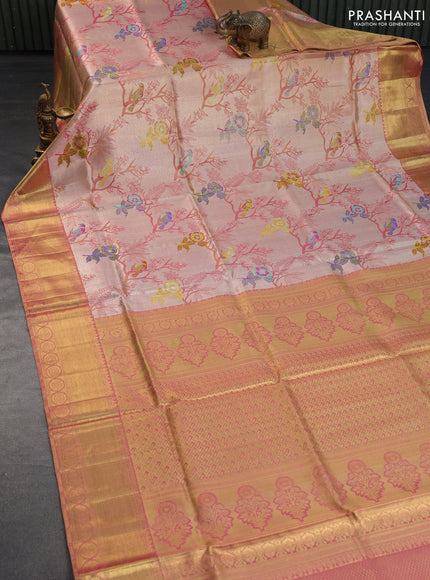 Pure kanchipuram tissue silk saree dual shade of peach pink with allover zari woven brocade weaves and long rich zari woven border