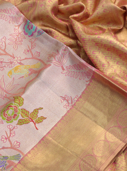 Pure kanchipuram tissue silk saree dual shade of peach pink with allover zari woven brocade weaves and long rich zari woven border