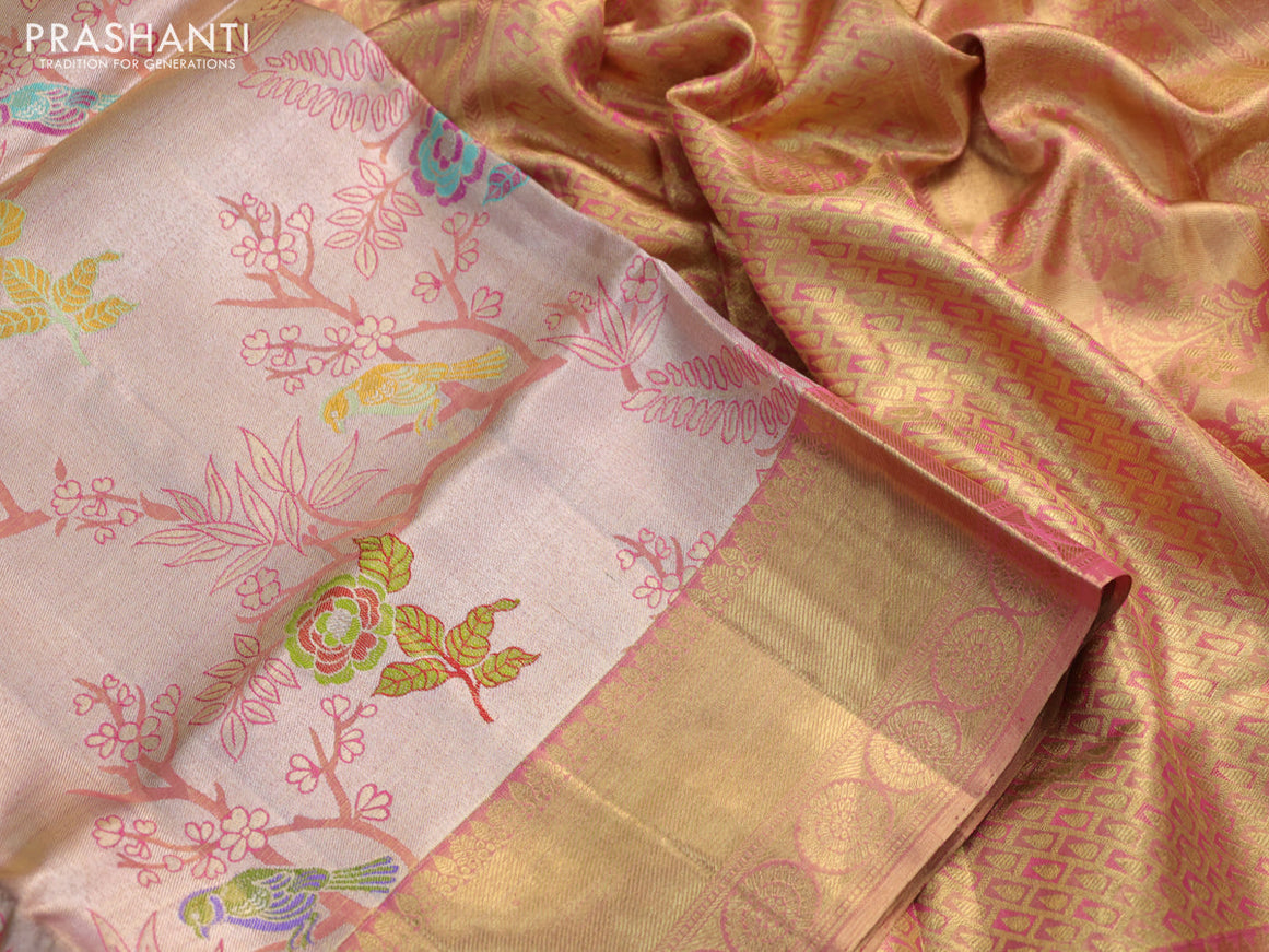 Pure kanchipuram tissue silk saree dual shade of peach pink with allover zari woven brocade weaves and long rich zari woven border