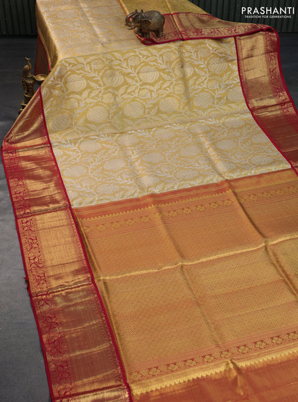 Pure kanchipuram tissue silk saree gold and maroon with allover zari woven brocade weaves and long rich zari woven border