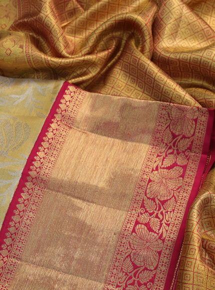 Pure kanchipuram tissue silk saree gold and maroon with allover zari woven brocade weaves and long rich zari woven border