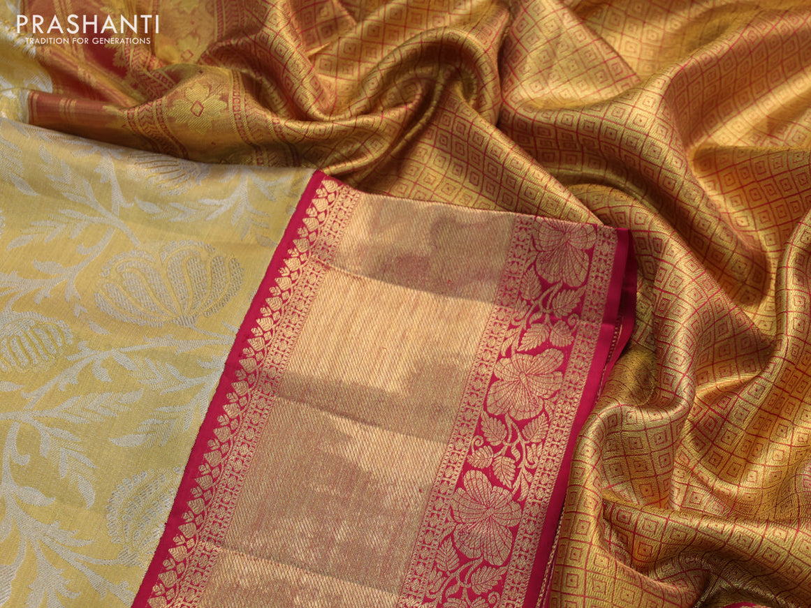 Pure kanchipuram tissue silk saree gold and maroon with allover zari woven brocade weaves and long rich zari woven border