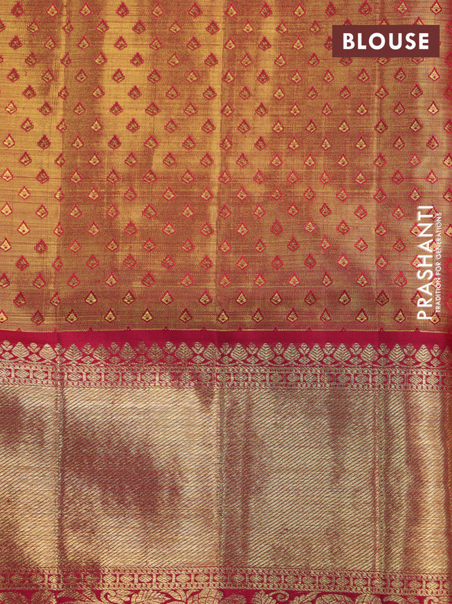 Pure kanchipuram tissue silk saree gold and maroon with allover zari woven brocade weaves and long rich zari woven border