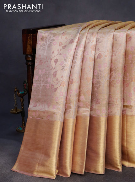 Pure kanchipuram tissue silk saree gold and pastel pink with allover zari woven brocade weaves and long rich zari woven border