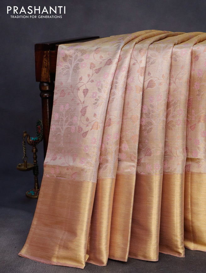 Pure kanchipuram tissue silk saree gold and pastel pink with allover zari woven brocade weaves and long rich zari woven border