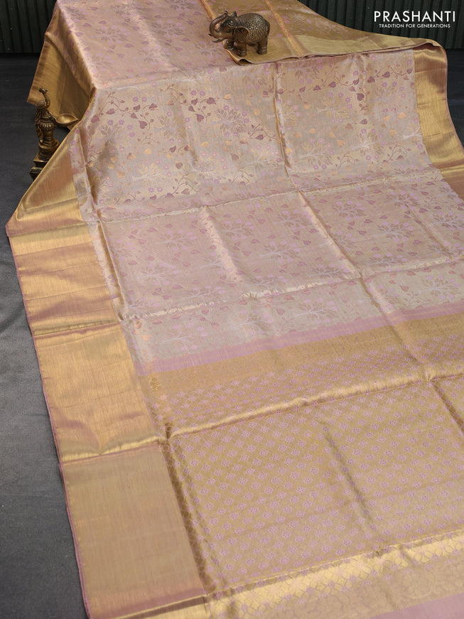 Pure kanchipuram tissue silk saree gold and pastel pink with allover zari woven brocade weaves and long rich zari woven border