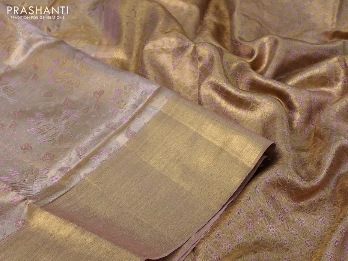 Pure kanchipuram tissue silk saree gold and pastel pink with allover zari woven brocade weaves and long rich zari woven border