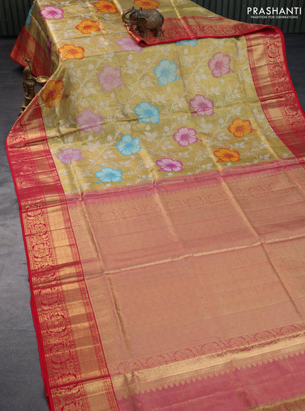 Pure kanchipuram tissue silk saree gold and dual shade of pink with allover zari woven floral brocade weaves and rich zari woven border