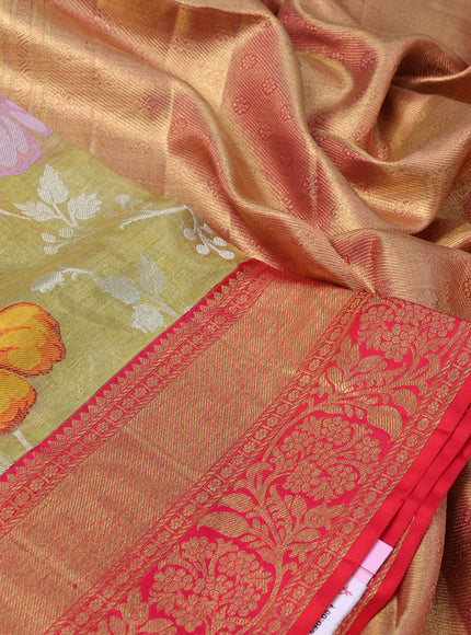 Pure kanchipuram tissue silk saree gold and dual shade of pink with allover zari woven floral brocade weaves and rich zari woven border