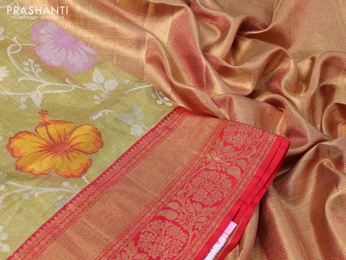 Pure kanchipuram tissue silk saree gold and dual shade of pink with allover zari woven floral brocade weaves and rich zari woven border