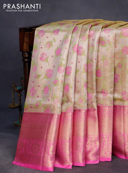 Pure kanchipuram tissue silk saree gold green and pink with allover zari woven floral brocade weaves and long rich zari woven border