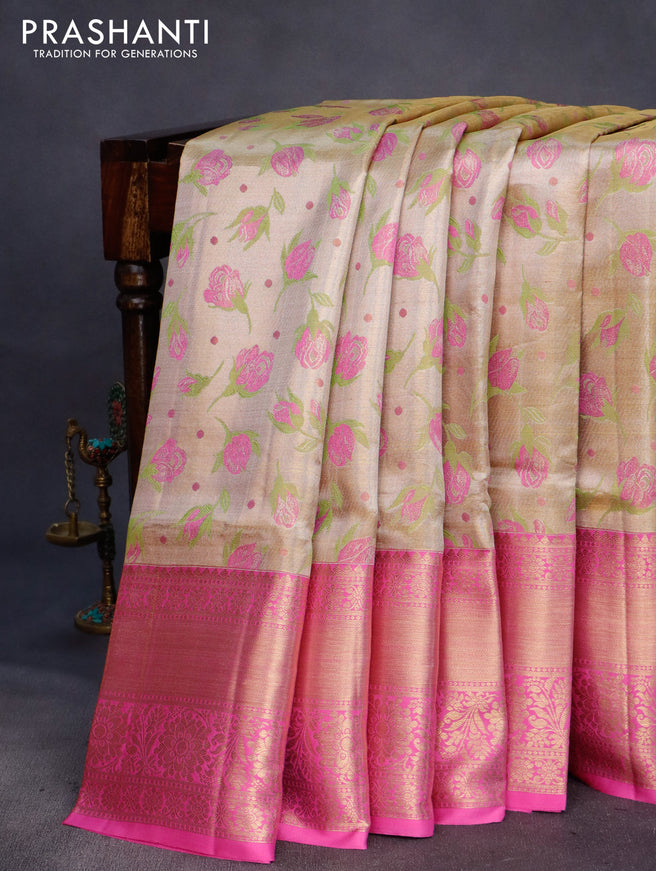 Pure kanchipuram tissue silk saree gold green and pink with allover zari woven floral brocade weaves and long rich zari woven border