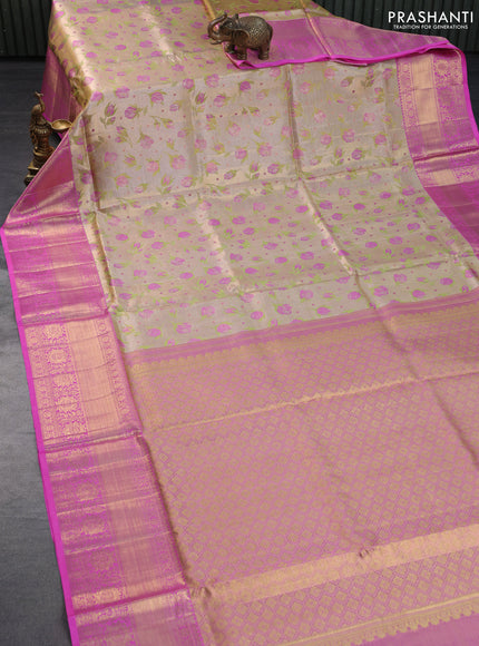 Pure kanchipuram tissue silk saree gold green and pink with allover zari woven floral brocade weaves and long rich zari woven border