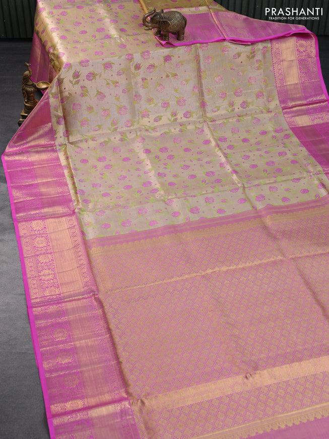 Pure kanchipuram tissue silk saree gold green and pink with allover zari woven floral brocade weaves and long rich zari woven border