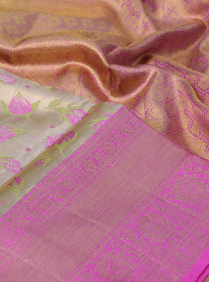 Pure kanchipuram tissue silk saree gold green and pink with allover zari woven floral brocade weaves and long rich zari woven border