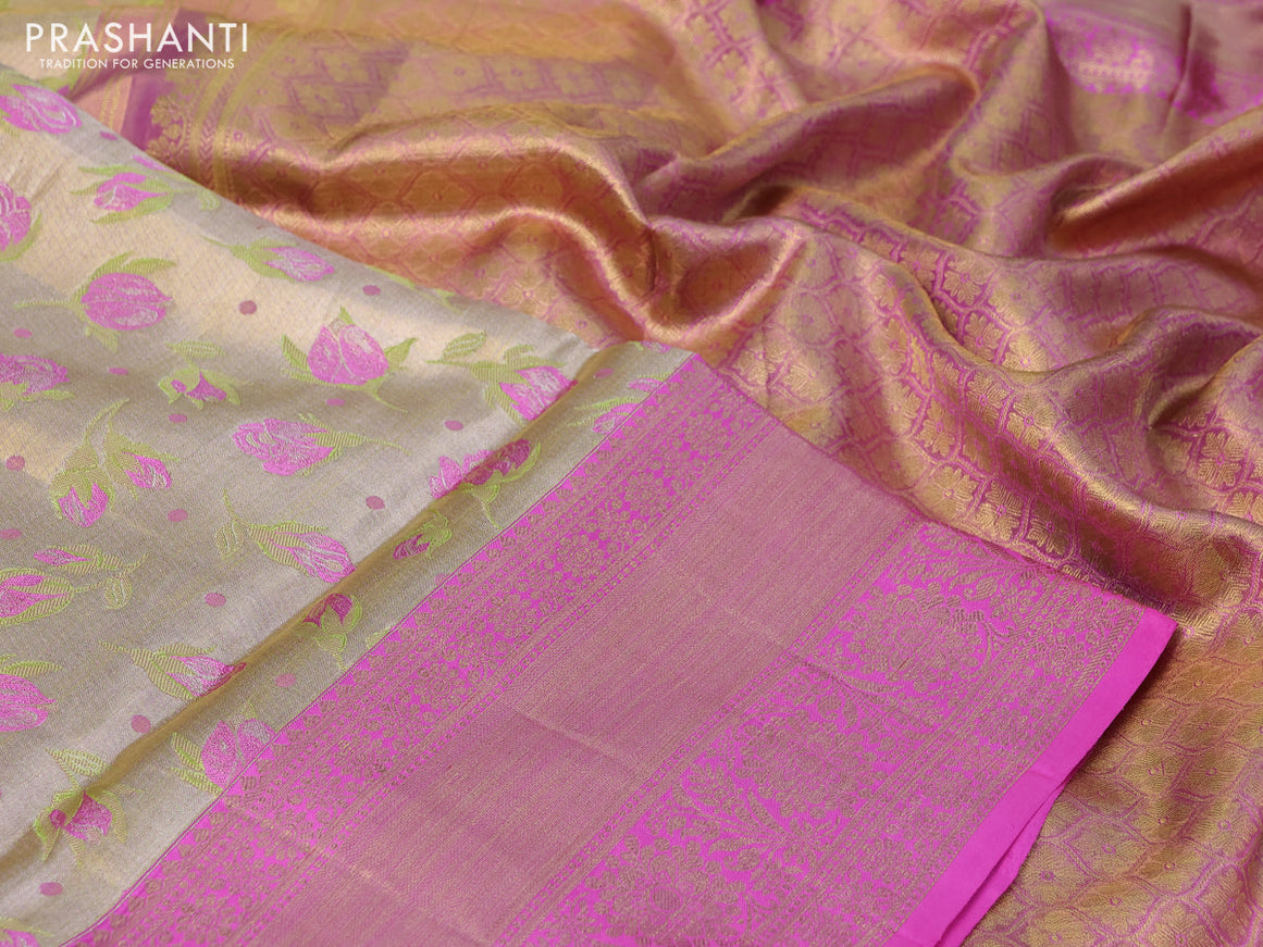 Pure kanchipuram tissue silk saree gold green and pink with allover zari woven floral brocade weaves and long rich zari woven border