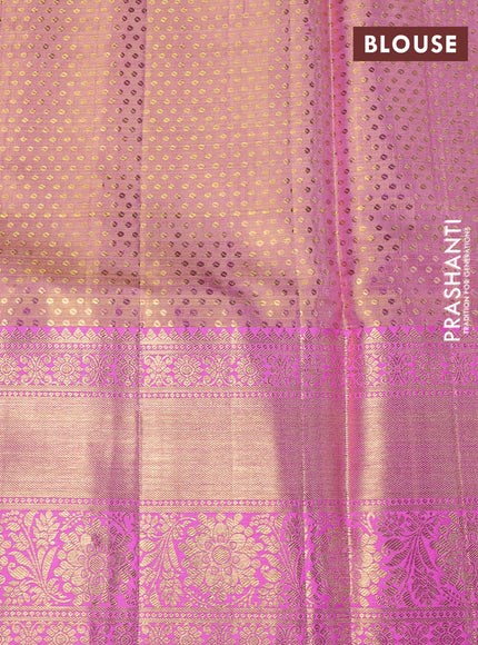 Pure kanchipuram tissue silk saree gold green and pink with allover zari woven floral brocade weaves and long rich zari woven border