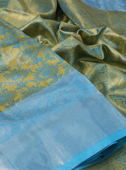 Pure kanchipuram tissue silk saree gold and light blue with allover zari woven brocade weaves and long silver zari woven border