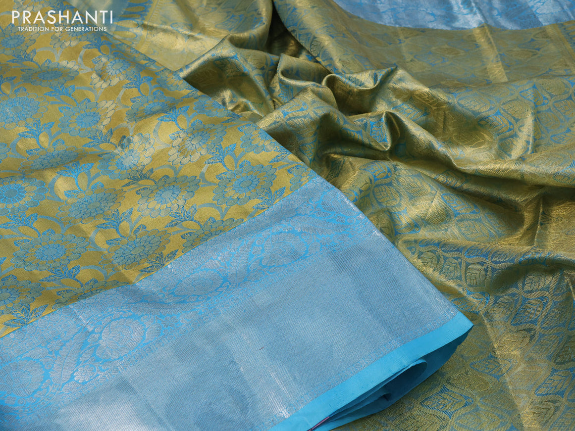 Pure kanchipuram tissue silk saree gold and light blue with allover zari woven brocade weaves and long silver zari woven border