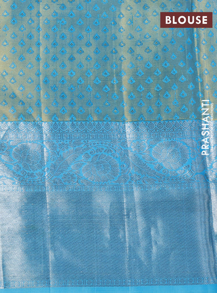 Pure kanchipuram tissue silk saree gold and light blue with allover zari woven brocade weaves and long silver zari woven border