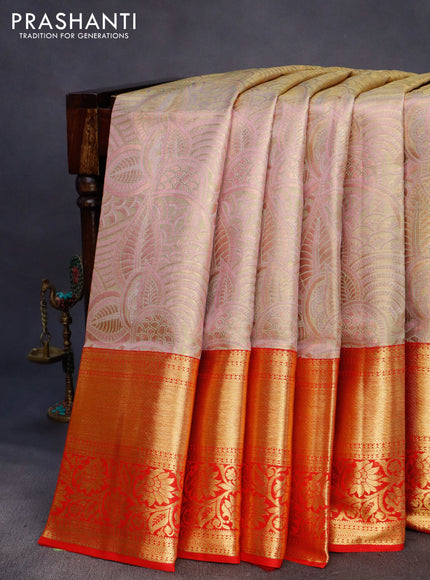 Pure kanchipuram tissue silk saree golddish pink and red with allover zari woven brocade weaves and long rich zari woven floral border