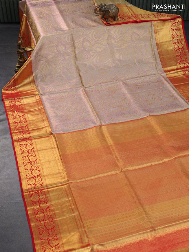 Pure kanchipuram tissue silk saree golddish pink and red with allover zari woven brocade weaves and long rich zari woven floral border