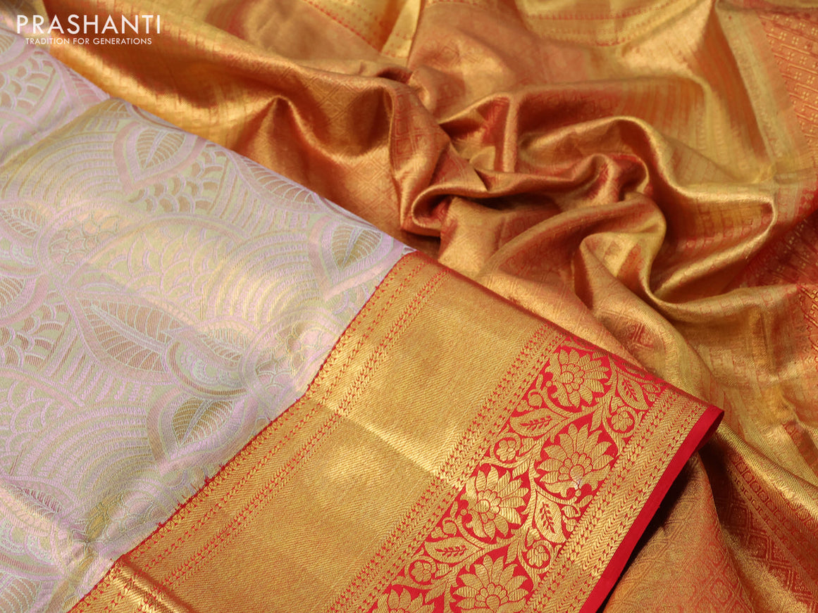 Pure kanchipuram tissue silk saree golddish pink and red with allover zari woven brocade weaves and long rich zari woven floral border