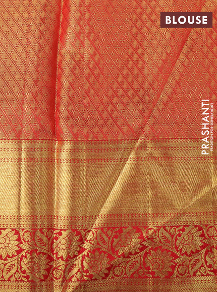 Pure kanchipuram tissue silk saree golddish pink and red with allover zari woven brocade weaves and long rich zari woven floral border