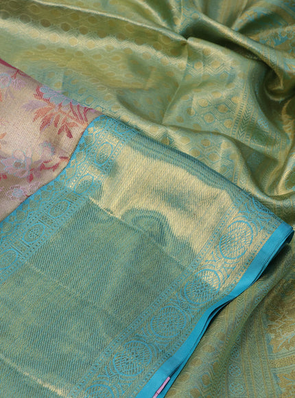 Pure kanchipuram silk saree gold and teal blue with allover thread & zari woven brocade weaves and long zari woven border