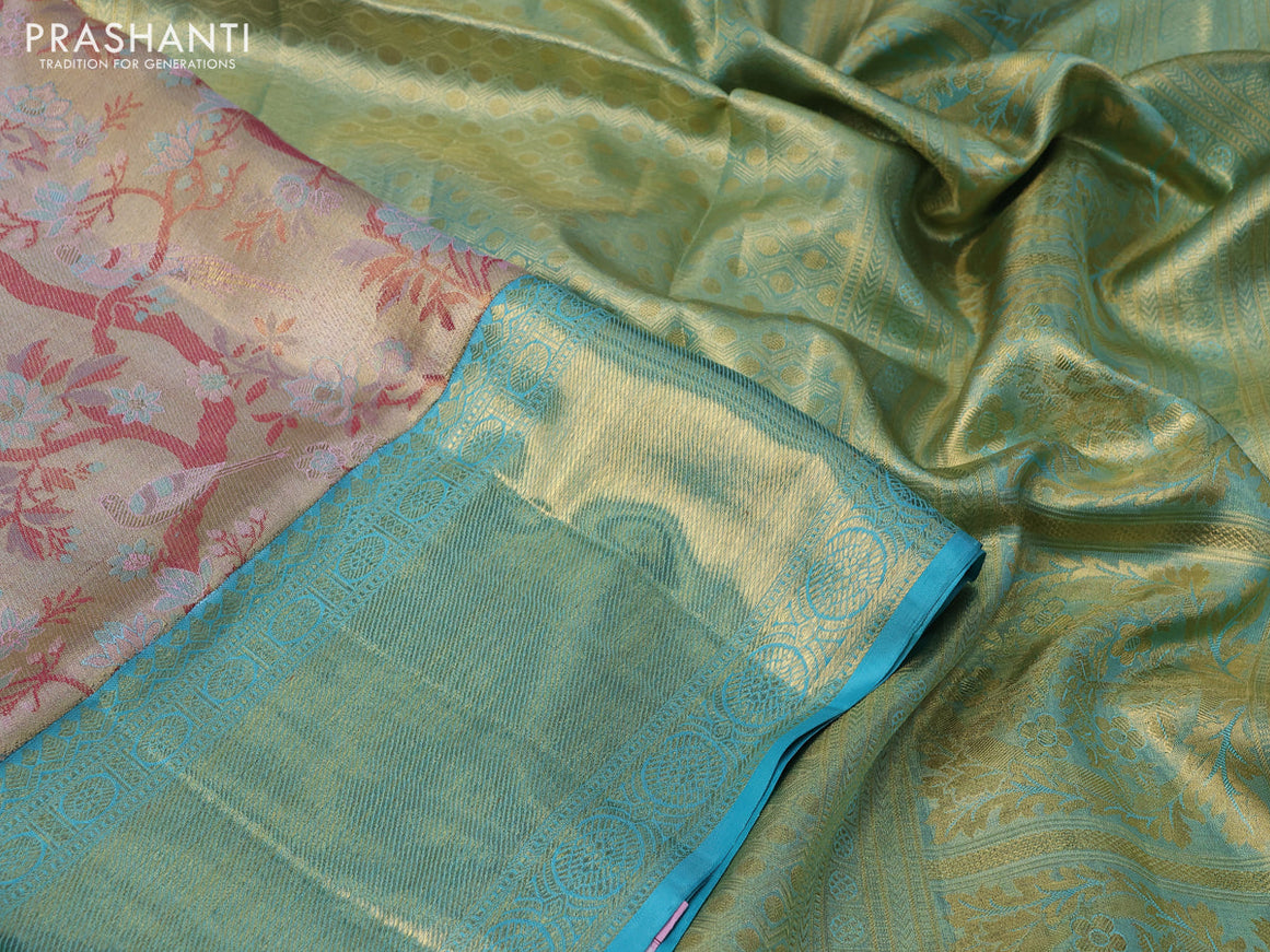 Pure kanchipuram silk saree gold and teal blue with allover thread & zari woven brocade weaves and long zari woven border