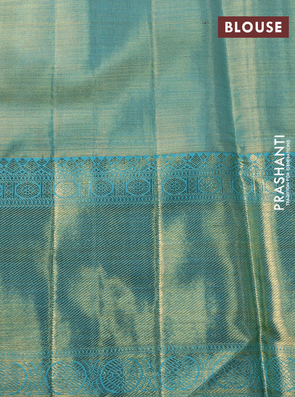 Pure kanchipuram silk saree gold and teal blue with allover thread & zari woven brocade weaves and long zari woven border