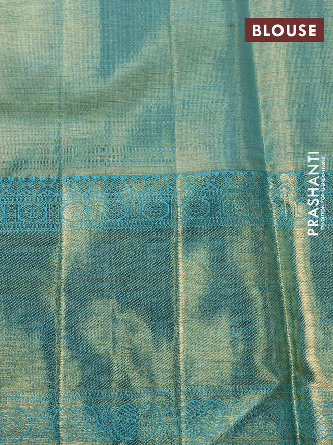 Pure kanchipuram silk saree gold and teal blue with allover thread & zari woven brocade weaves and long zari woven border