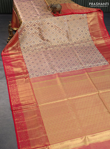 Pure kanchipuram tissue silk saree gold and dual shade of pink with allover zari woven brocade weaves and long rich zari woven border