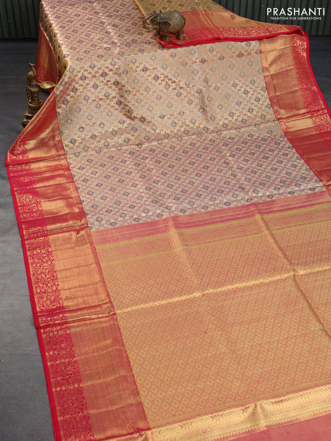 Pure kanchipuram tissue silk saree gold and dual shade of pink with allover zari woven brocade weaves and long rich zari woven border