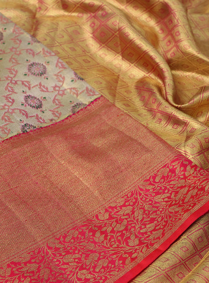 Pure kanchipuram tissue silk saree gold and dual shade of pink with allover zari woven brocade weaves and long rich zari woven border