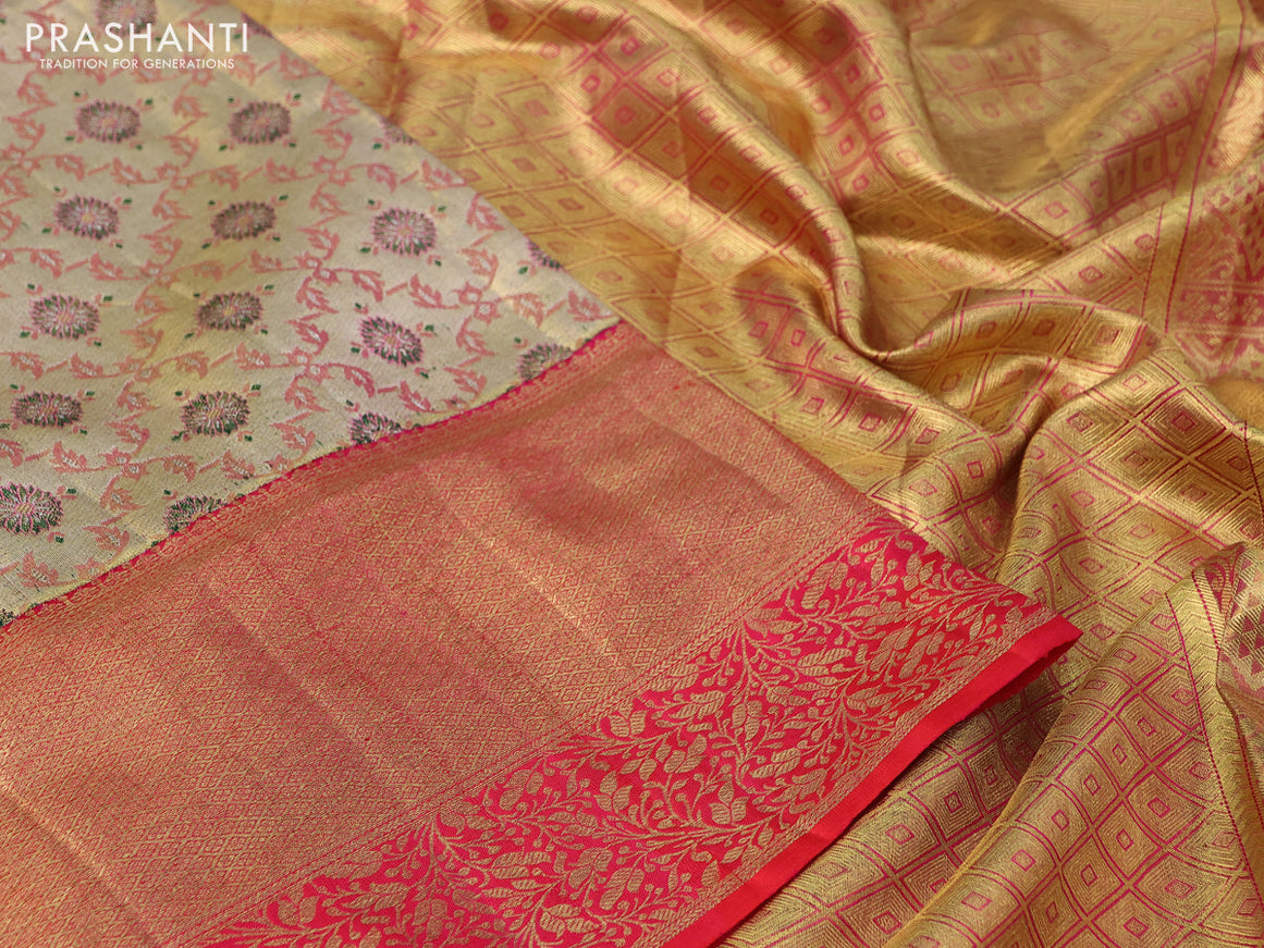 Pure kanchipuram tissue silk saree gold and dual shade of pink with allover zari woven brocade weaves and long rich zari woven border