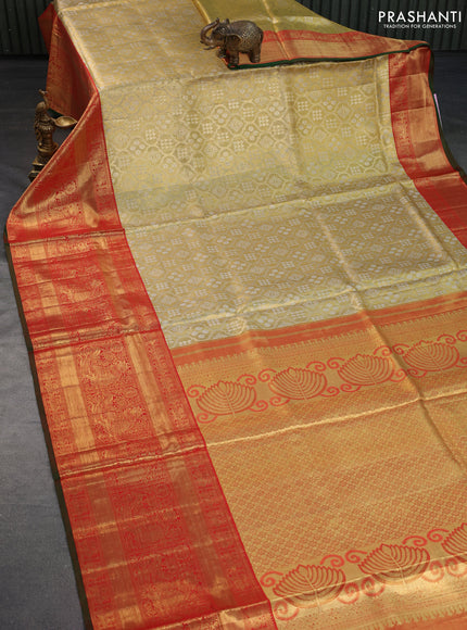 Pure kanchipuram tissue silk saree gold and red with allover zari woven brocade weaves and long rich zari woven border