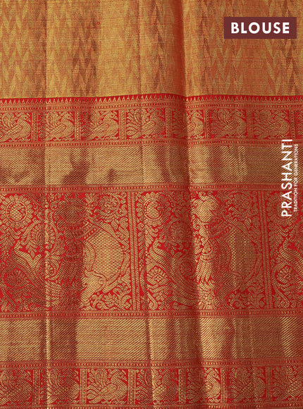 Pure kanchipuram tissue silk saree gold and red with allover zari woven brocade weaves and long rich zari woven border