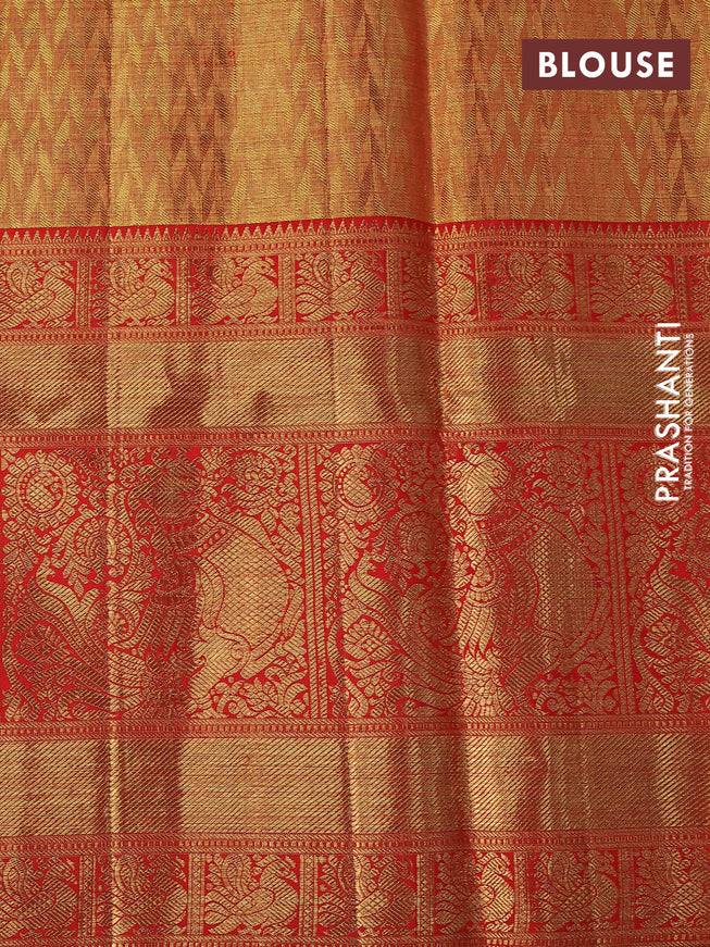 Pure kanchipuram tissue silk saree gold and red with allover zari woven brocade weaves and long rich zari woven border